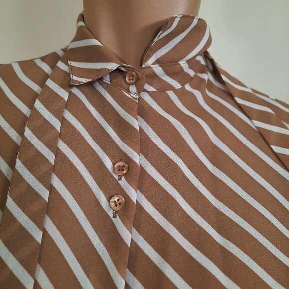 Vintage 80s Bow Tie Blouse Secretary Sheer Button Up Beige White Striped S - Picture 3 of 10